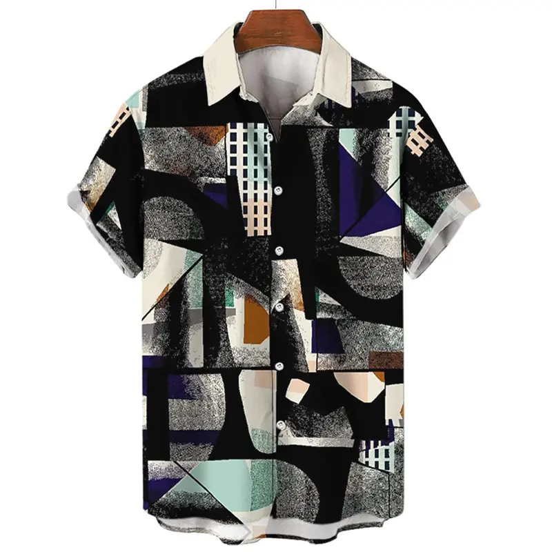 Harajuku Streetwear Casual Men's Shirt Clothes Striped Art 3d Printed Lapel Short Sleeves Shirts Hawaiian Fashion Trend Blouse