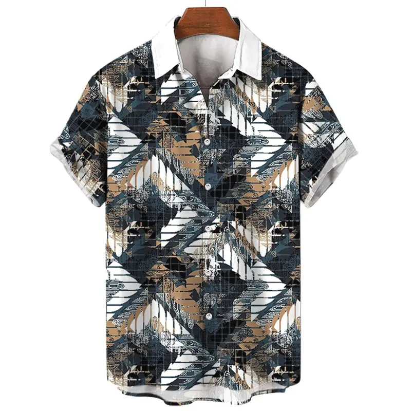 Harajuku Streetwear Casual Men's Shirt Clothes Striped Art 3d Printed Lapel Short Sleeves Shirts Hawaiian Fashion Trend Blouse