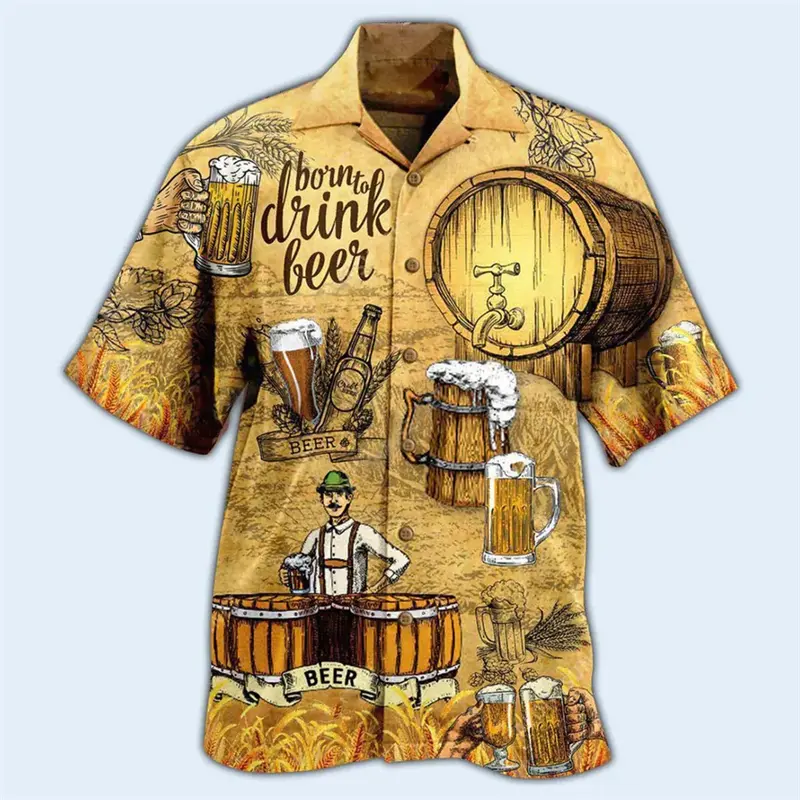 Beer Lover Unique Printed Shirts Men's Clothing Funny Trendy Short Sleeve Shirt 2025 Fashion Novel Street Casual Blouse New