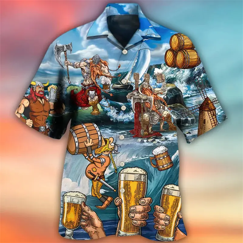 Beer Lover Unique Printed Shirts Men's Clothing Funny Trendy Short Sleeve Shirt 2025 Fashion Novel Street Casual Blouse New