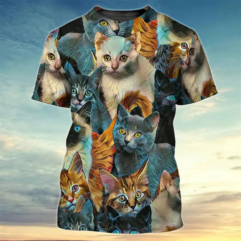 Black And White Animal T-shirt For Men's Clothing Funny Cat Tiger Print Short Sleeve T Shirts Leisure Fashion Cute Animal Tee