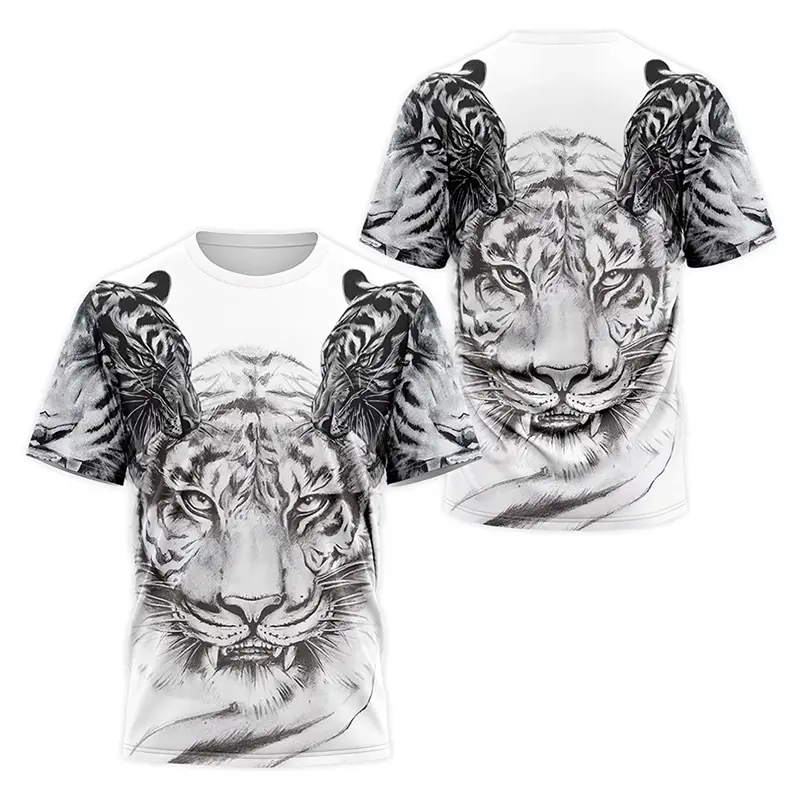 Black And White Animal T-shirt For Men's Clothing Funny Cat Tiger Print Short Sleeve T Shirts Leisure Fashion Cute Animal Tee