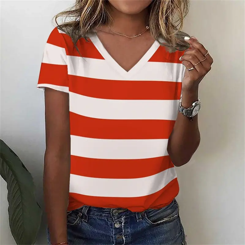 Simple Yellow Stripe Women T-shirt V-neck Design Casual Daily 3D Print Stripes Polyester Breathable Short Sleeve T Shirts 2025