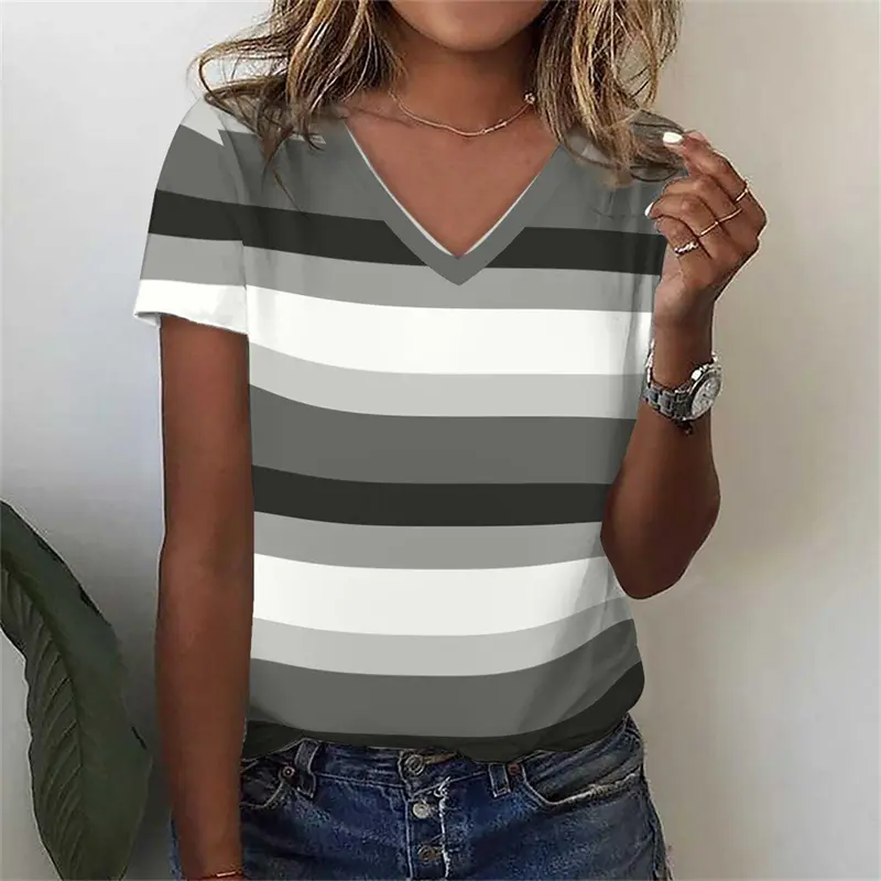 Simple Yellow Stripe Women T-shirt V-neck Design Casual Daily 3D Print Stripes Polyester Breathable Short Sleeve T Shirts 2025