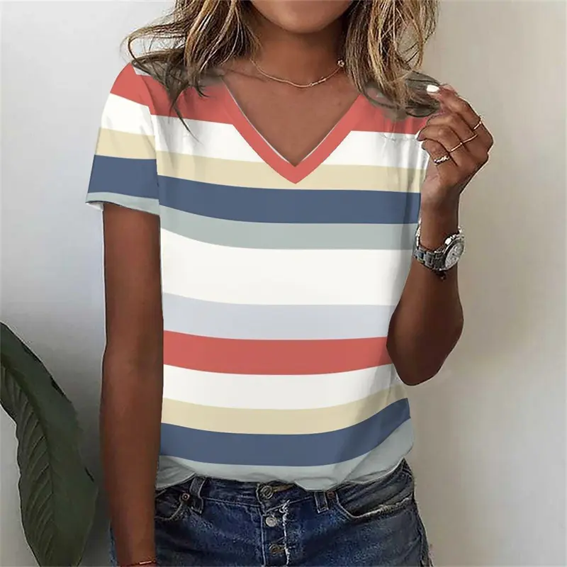 Simple Yellow Stripe Women T-shirt V-neck Design Casual Daily 3D Print Stripes Polyester Breathable Short Sleeve T Shirts 2025