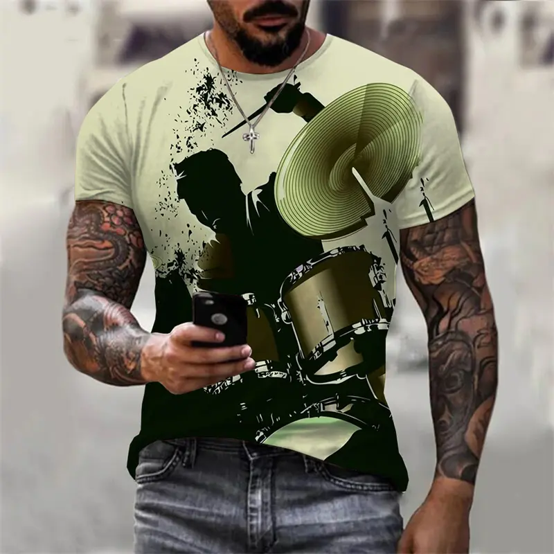 Drumbeat Percussion Print T Shirt For Men Music Party Short Sleeve Tee Shirts Personality Art Graphic Street Wear Fashion Top