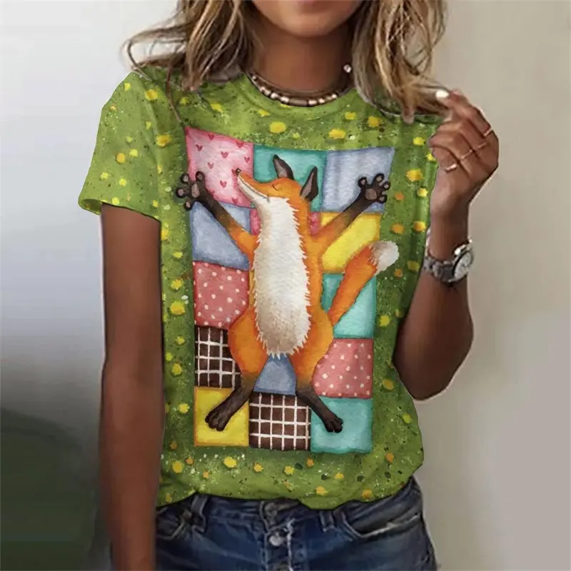 Funny Cartoon Fox For Children Style T-shirt Women's Clothing O-neck Short Sleeve Top Summer Casual Loose 3D Print Graphic Top