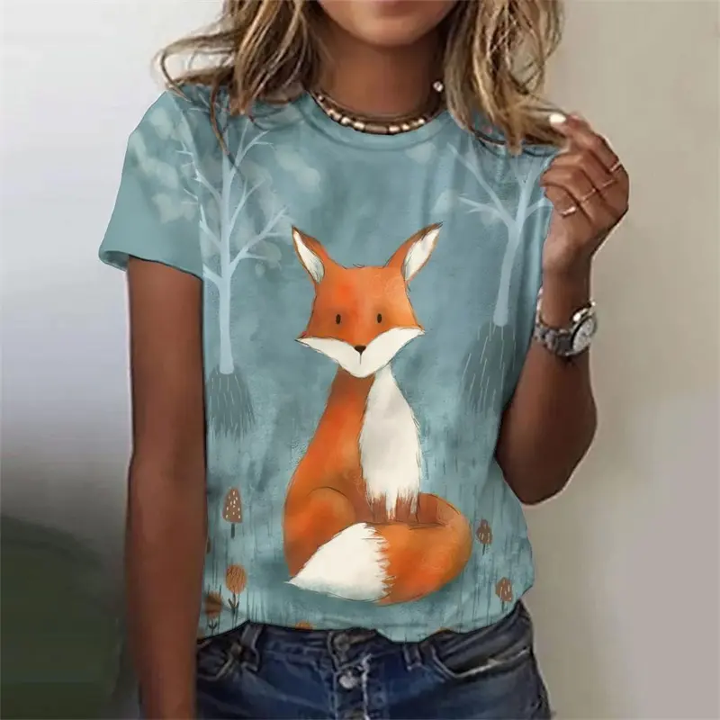 Funny Cartoon Fox For Children Style T-shirt Women's Clothing O-neck Short Sleeve Top Summer Casual Loose 3D Print Graphic Top