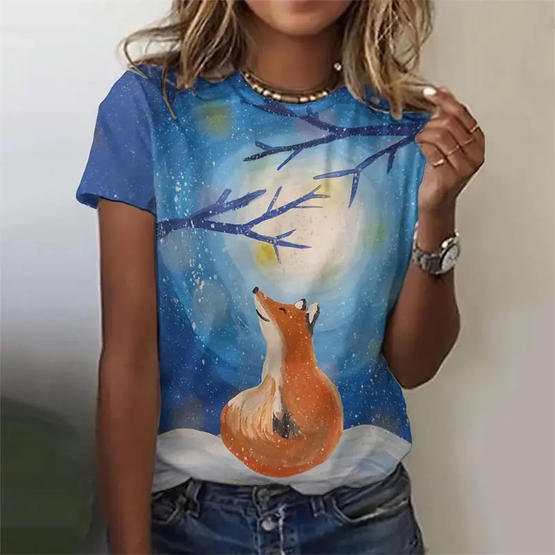 Funny Cartoon Fox For Children Style T-shirt Women's Clothing O-neck Short Sleeve Top Summer Casual Loose 3D Print Graphic Top
