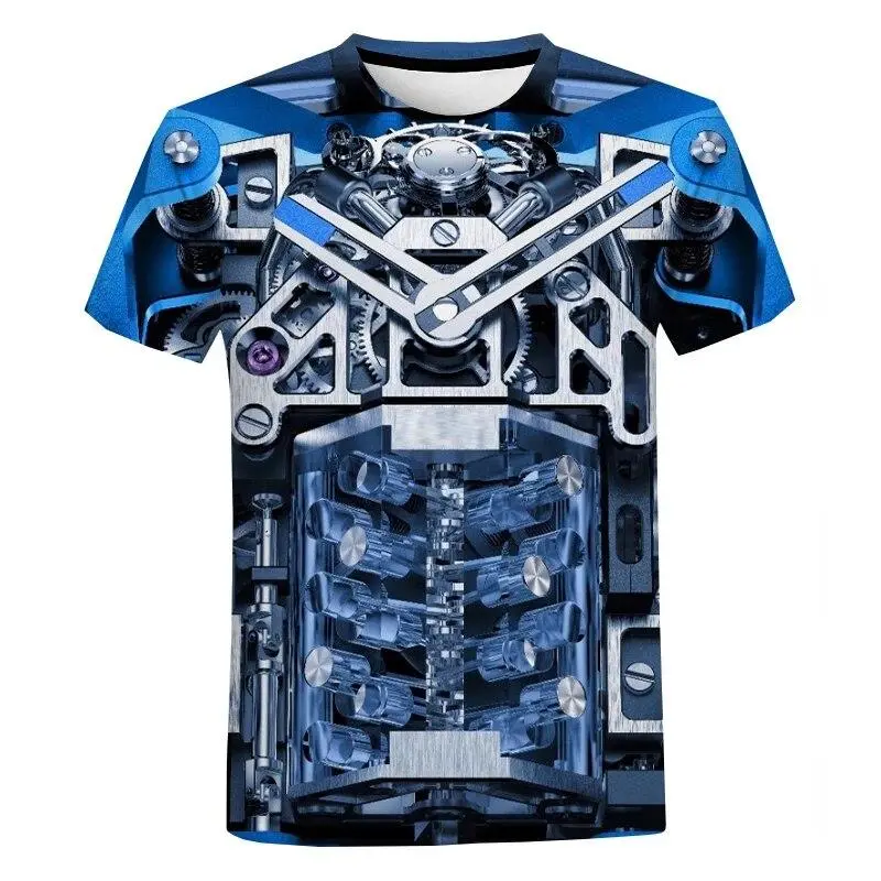Men's T-shirt 3D Print Supercar Engine Mechanical Graphic O-neck Short Sleeve T Shirt Personality Harajuku Street Breathable Tee