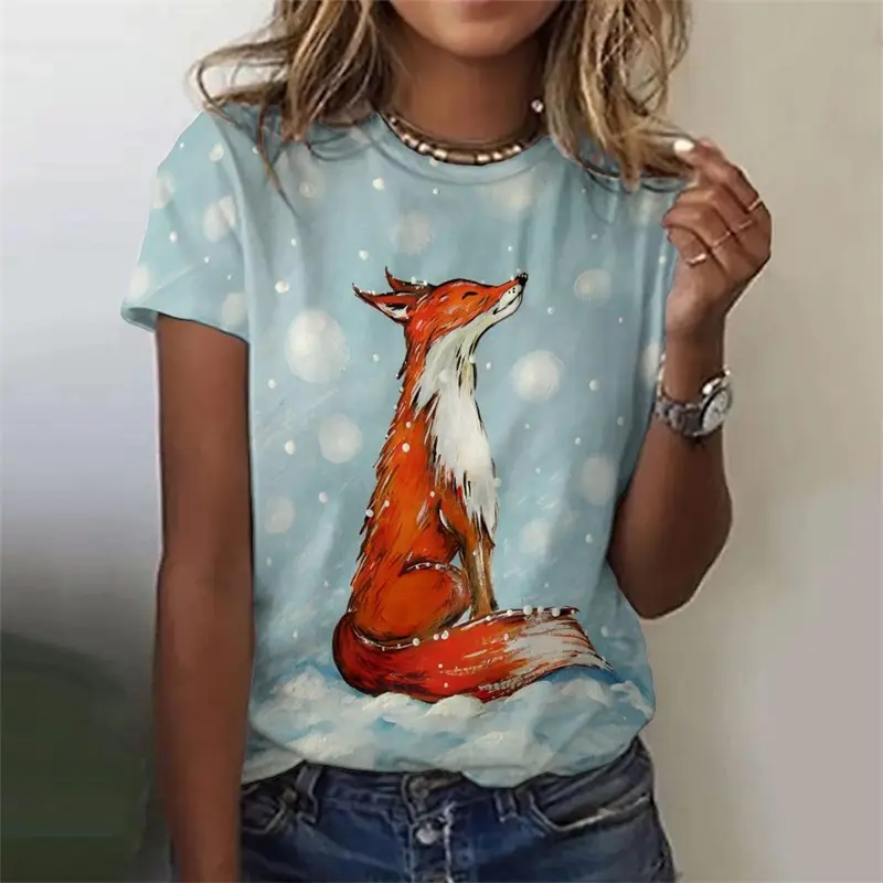Funny Cartoon Fox For Children Style T-shirt Women's Clothing O-neck Short Sleeve Top Summer Casual Loose 3D Print Graphic Top