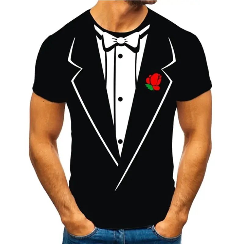 Printed Suit Collar And Tie Tee Shirt O-neck Short  De Hombre Formal Funny Design Summer New Clothing Men Wear comfortable Tees