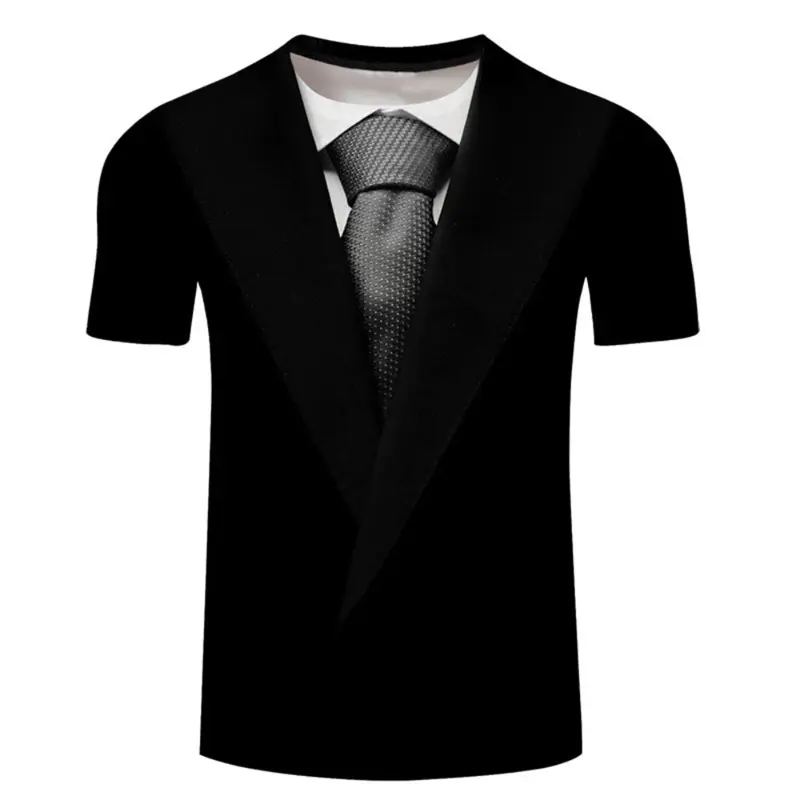 Printed Suit Collar And Tie Tee Shirt O-neck Short  De Hombre Formal Funny Design Summer New Clothing Men Wear comfortable Tees