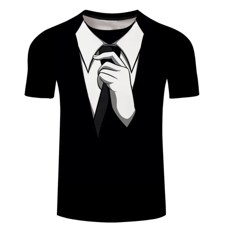 Printed Suit Collar And Tie Tee Shirt O-neck Short  De Hombre Formal Funny Design Summer New Clothing Men Wear comfortable Tees