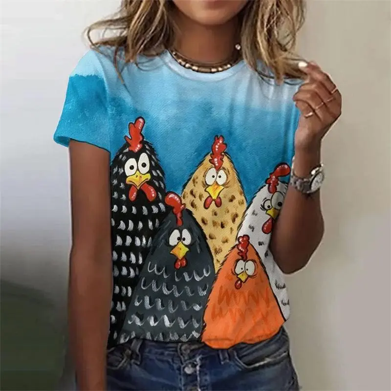 Cute Cartoon Funny Chicken T-shirt For Women Animal 3D Print Casual Daily Loose Short Sleeve Tee Shirts Summer Trend Simple Y2k