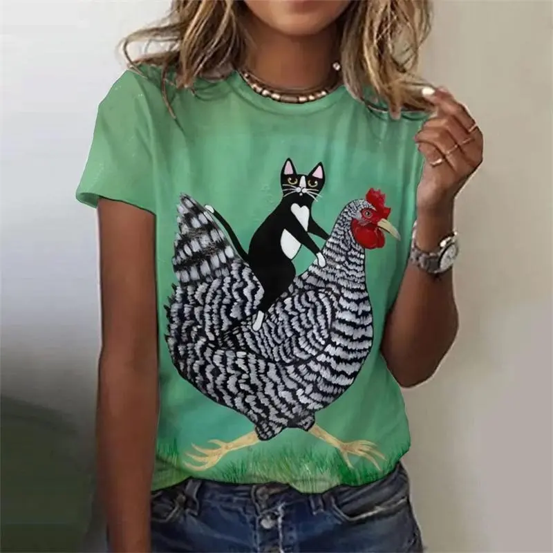 Cute Cartoon Funny Chicken T-shirt For Women Animal 3D Print Casual Daily Loose Short Sleeve Tee Shirts Summer Trend Simple Y2k