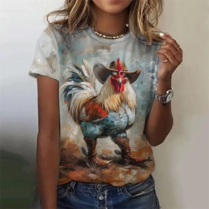 Cute Cartoon Funny Chicken T-shirt For Women Animal 3D Print Casual Daily Loose Short Sleeve Tee Shirts Summer Trend Simple Y2k