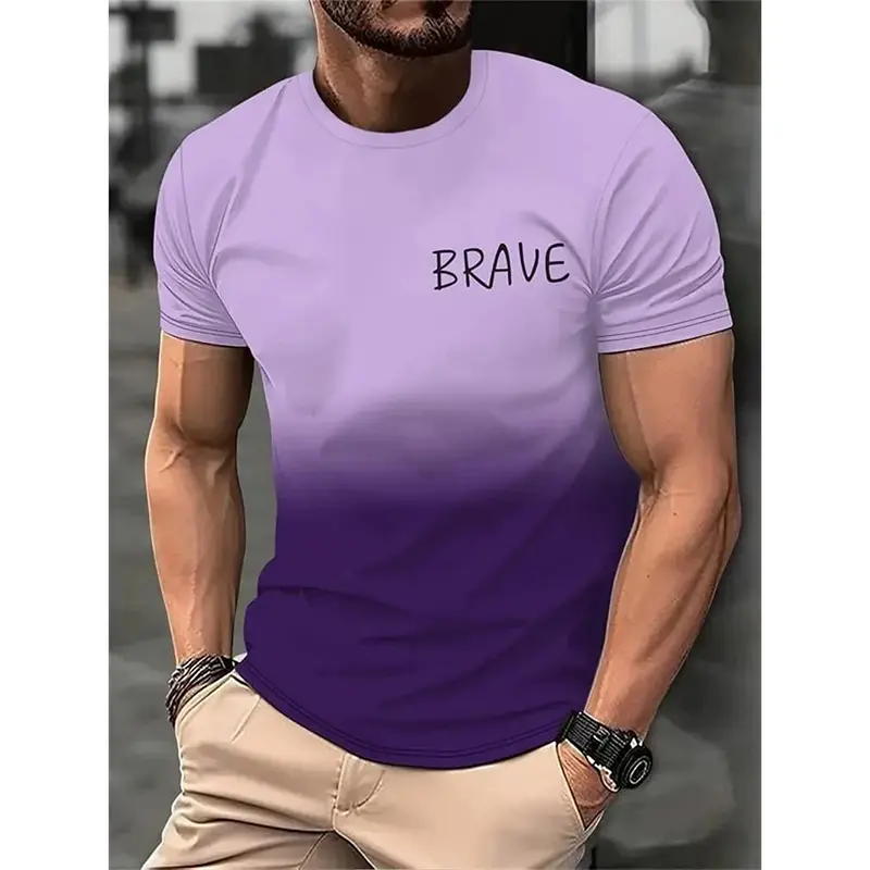 Summer Men Gradient Print T-shirt Casual Street Stripe Design Round Neck T Shirts Classic Base Run Sport Loose Fashion Tee Shirt