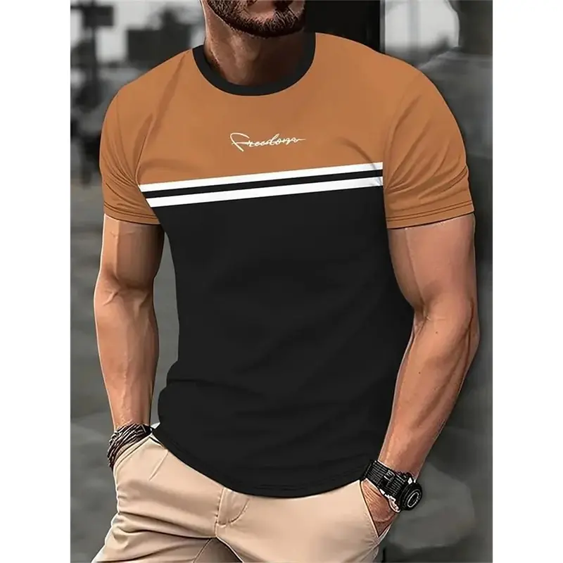 Summer Men Gradient Print T-shirt Casual Street Stripe Design Round Neck T Shirts Classic Base Run Sport Loose Fashion Tee Shirt