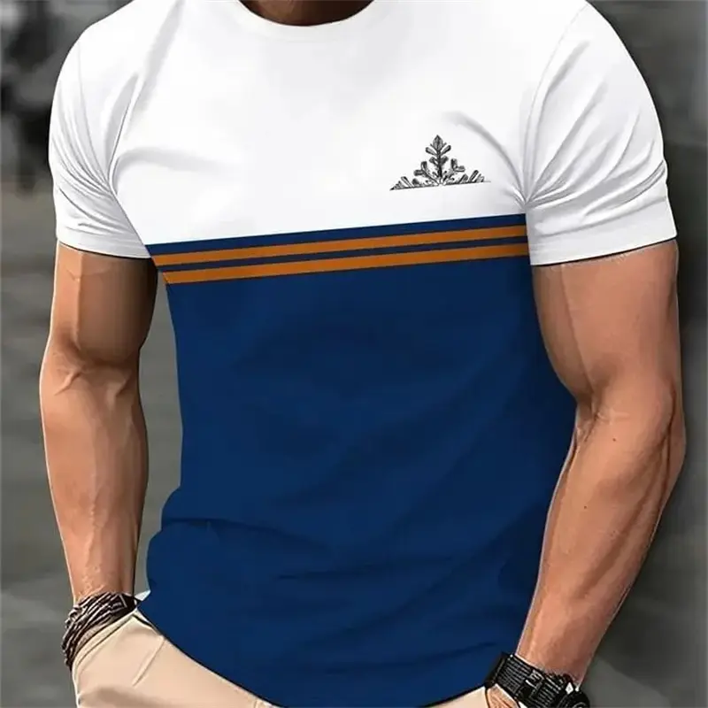 Summer Men Gradient Print T-shirt Casual Street Stripe Design Round Neck T Shirts Classic Base Run Sport Loose Fashion Tee Shirt