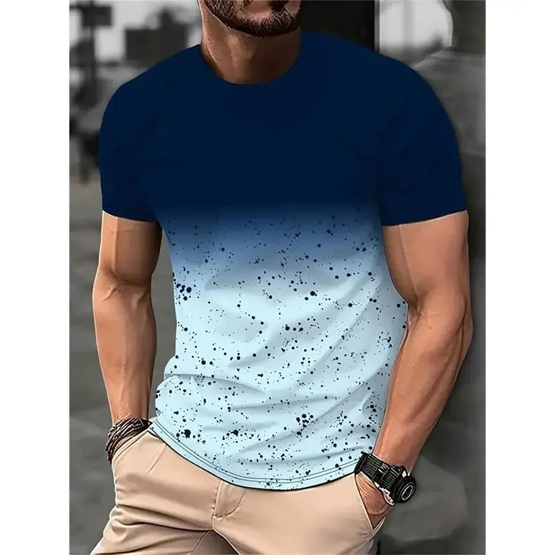Summer Men Gradient Print T-shirt Casual Street Stripe Design Round Neck T Shirts Classic Base Run Sport Loose Fashion Tee Shirt
