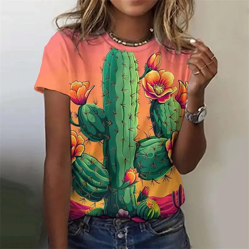 Cartoon Cactus Flower Print T-shirt Women Clothes Funny Casual Short Sleeve T Shirts Colorful Pattern 2025 Summer Daily Tee Top