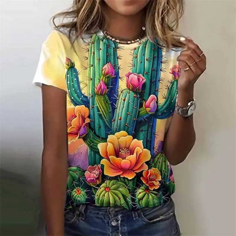 Cartoon Cactus Flower Print T-shirt Women Clothes Funny Casual Short Sleeve T Shirts Colorful Pattern 2025 Summer Daily Tee Top