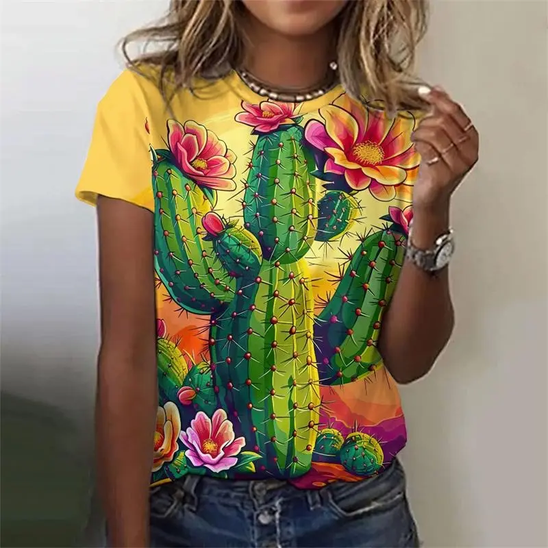 Cartoon Cactus Flower Print T-shirt Women Clothes Funny Casual Short Sleeve T Shirts Colorful Pattern 2025 Summer Daily Tee Top