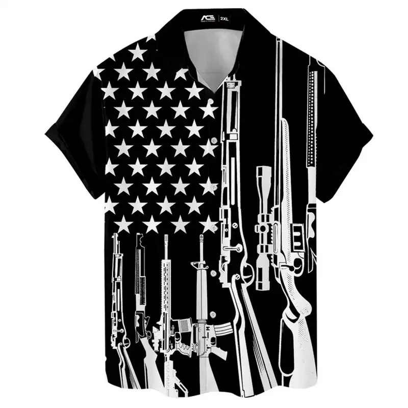 America Flag Print Gun Graphic Funny Hawaii Shirt For Men Lapel Short Sleeve Oversized Shirts Summer Breathable Casual Mens Top