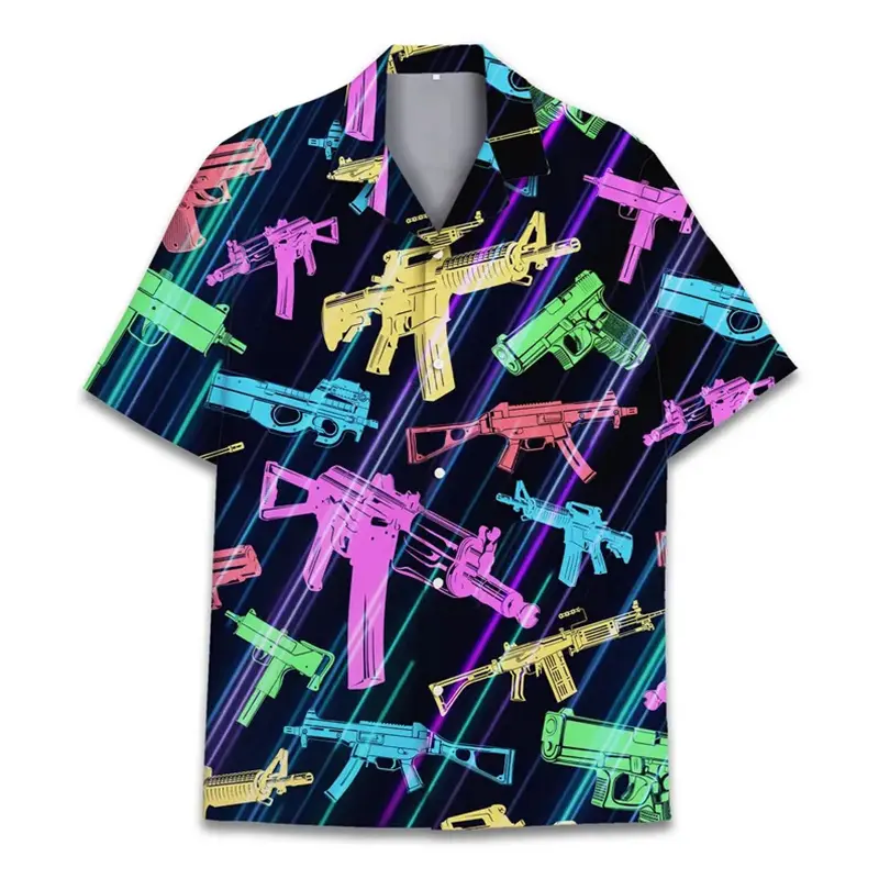 America Flag Print Gun Graphic Funny Hawaii Shirt For Men Lapel Short Sleeve Oversized Shirts Summer Breathable Casual Mens Top