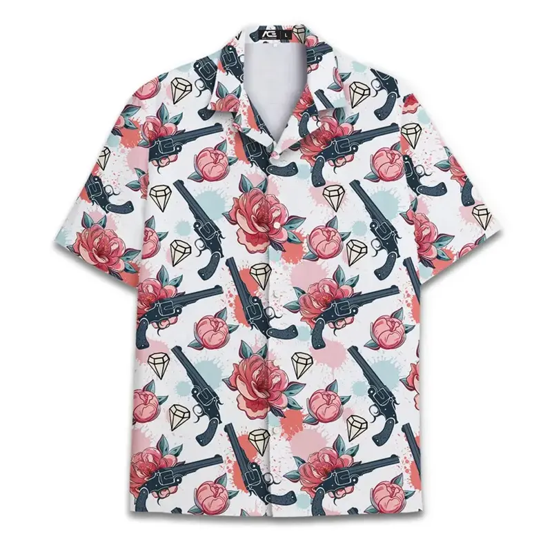 America Flag Print Gun Graphic Funny Hawaii Shirt For Men Lapel Short Sleeve Oversized Shirts Summer Breathable Casual Mens Top