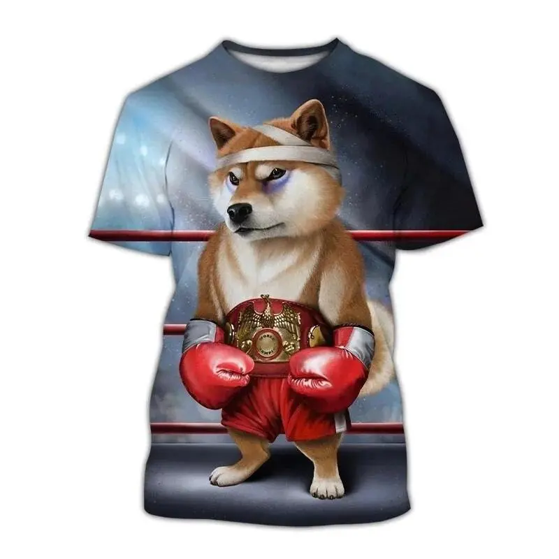 Dog Boxing Champion Print T-shirt Funny Men T-shirt Street Retro Personality Short Sleeve T Shirts 2025 Summer Gym Fitness Tee