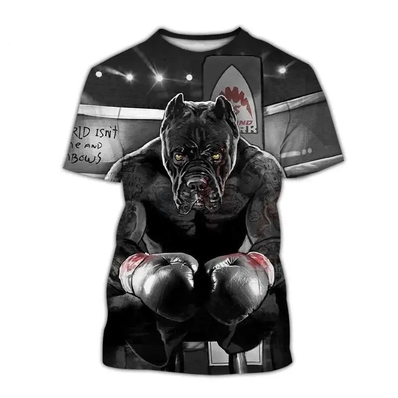Dog Boxing Champion Print T-shirt Funny Men T-shirt Street Retro Personality Short Sleeve T Shirts 2025 Summer Gym Fitness Tee