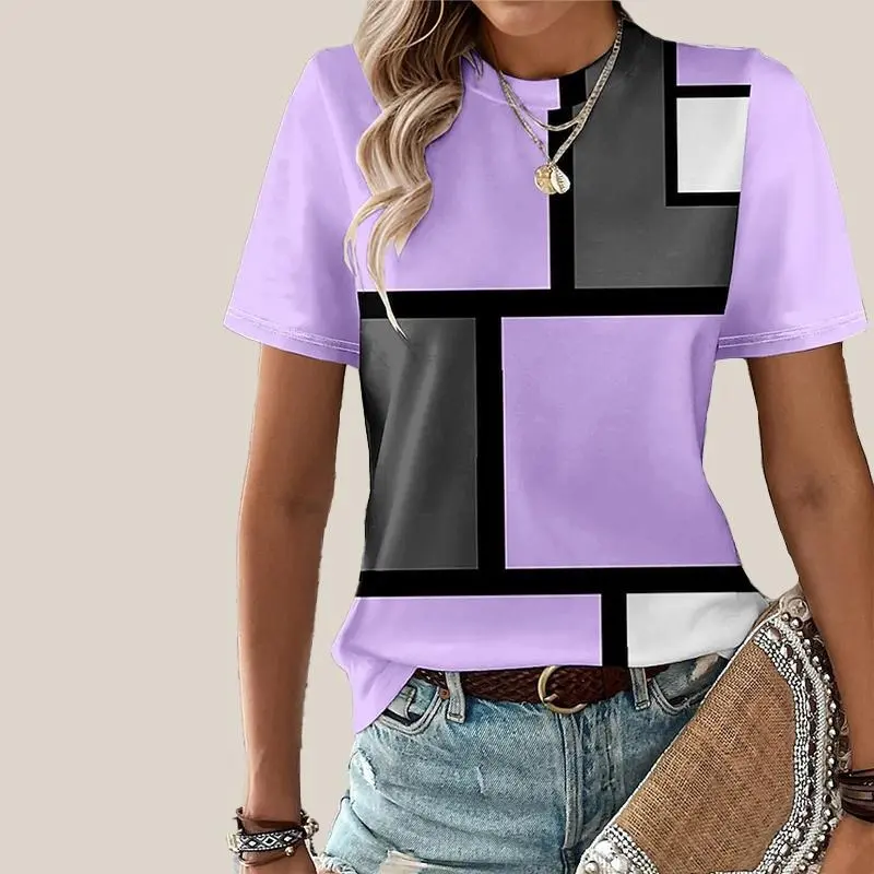Classic Square Plaid Graphic T-shirt For Women Sports Workout Casual Short Sleeve T Shirts Striped Print Graphic Summer Tee Top