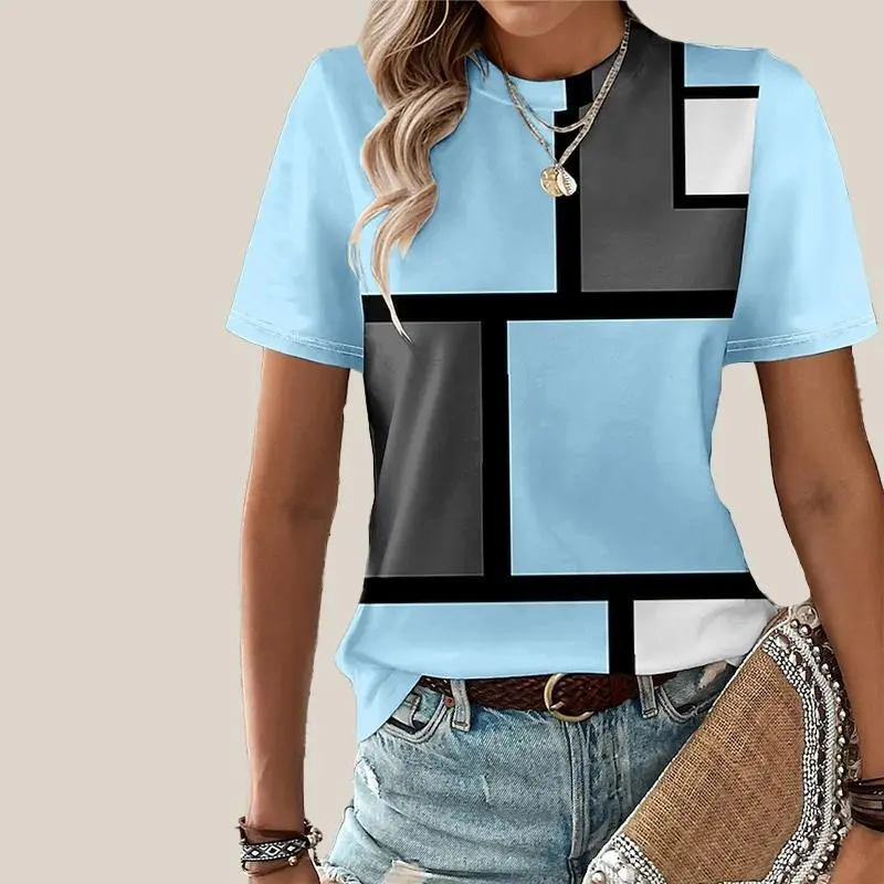 Classic Square Plaid Graphic T-shirt For Women Sports Workout Casual Short Sleeve T Shirts Striped Print Graphic Summer Tee Top