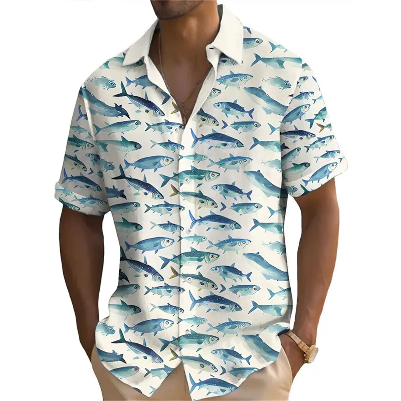 Full Over Print Tuna Pattern Men Funny Shirt Fishing Enthusiasts Funny Humour Button Shirts Loose Short Sleeve Summer Novel Top