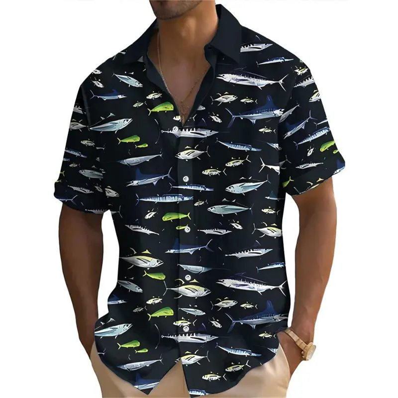 Full Over Print Tuna Pattern Men Funny Shirt Fishing Enthusiasts Funny Humour Button Shirts Loose Short Sleeve Summer Novel Top