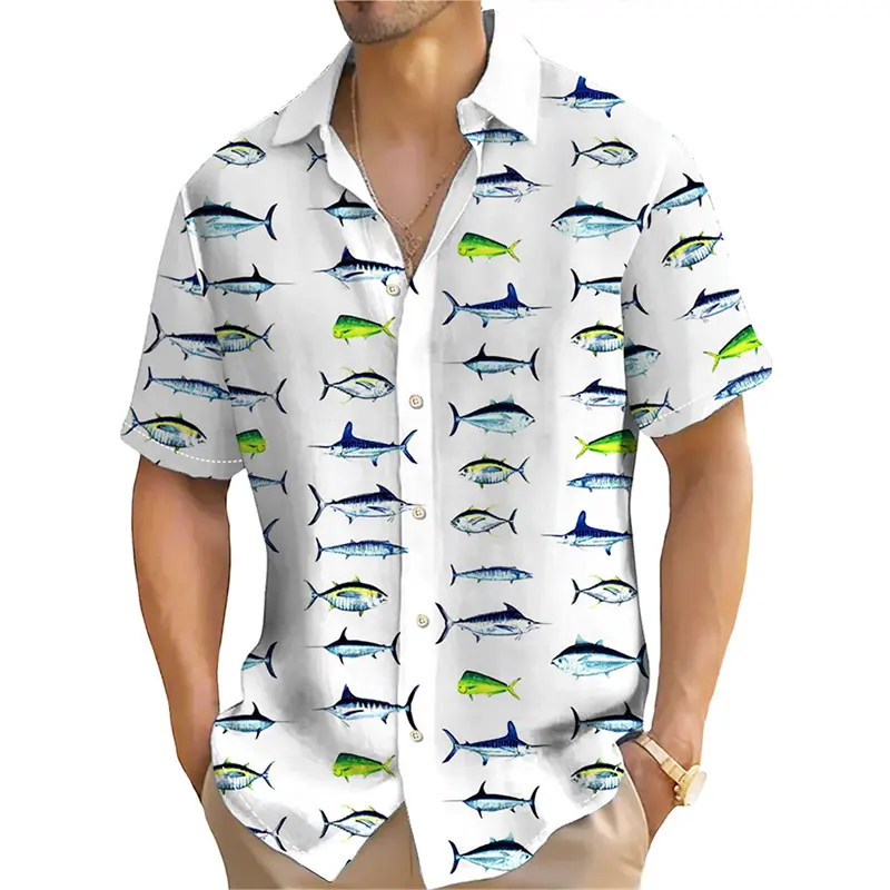 Full Over Print Tuna Pattern Men Funny Shirt Fishing Enthusiasts Funny Humour Button Shirts Loose Short Sleeve Summer Novel Top