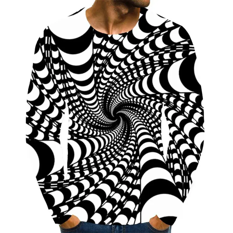 Black White Block 3d Print T-shirt For Men Unique Sense Space Long Sleeves T Shirt Street Personality Clothes Painting Tee Shirt