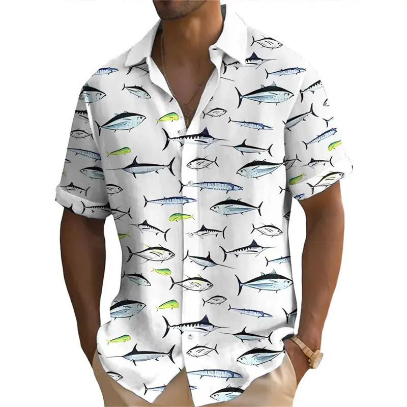 Full Over Print Tuna Pattern Men Funny Shirt Fishing Enthusiasts Funny Humour Button Shirts Loose Short Sleeve Summer Novel Top