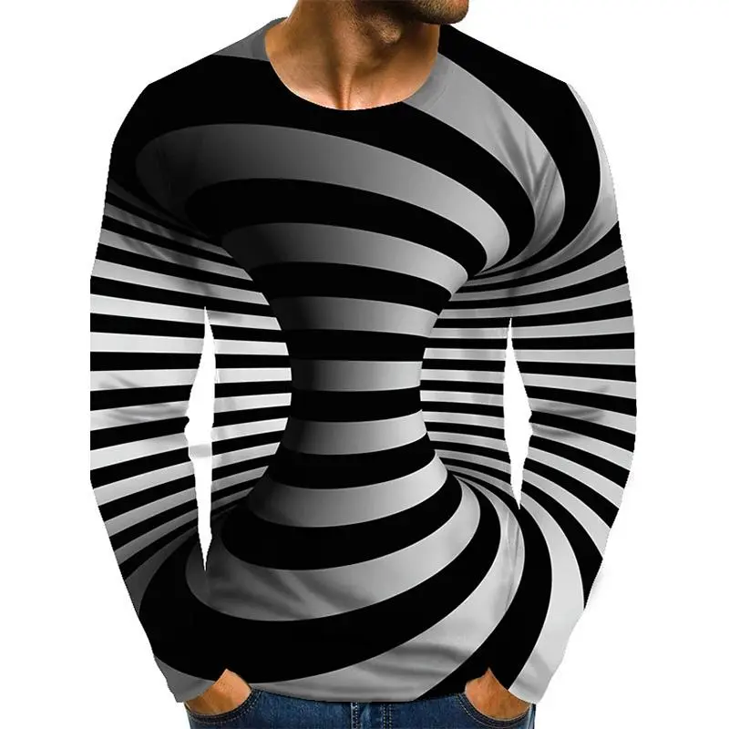 Black White Block 3d Print T-shirt For Men Unique Sense Space Long Sleeves T Shirt Street Personality Clothes Painting Tee Shirt