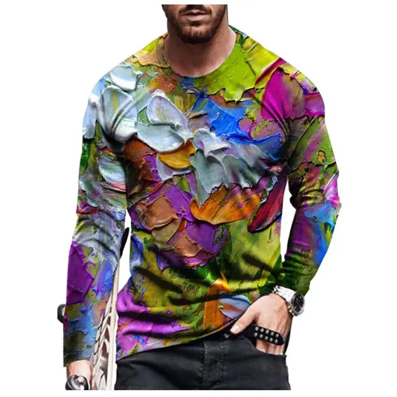 Black White Block 3d Print T-shirt For Men Unique Sense Space Long Sleeves T Shirt Street Personality Clothes Painting Tee Shirt
