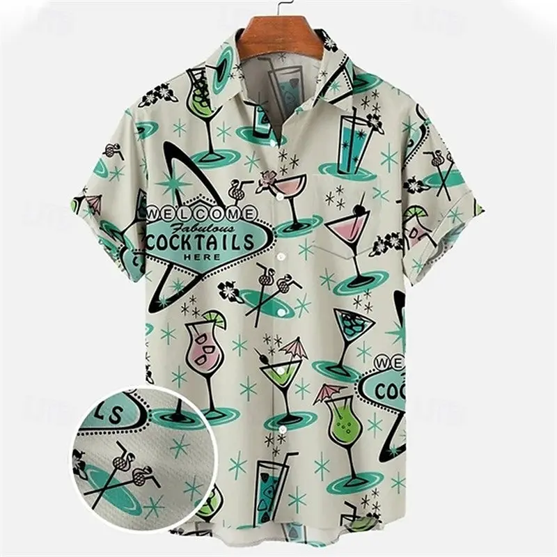 Retro Pattern Wine Glass Leisure Shirts For Men Bar Personality Party Harajuku Short Sleeve Shirt Summer Daily Casual Blouse