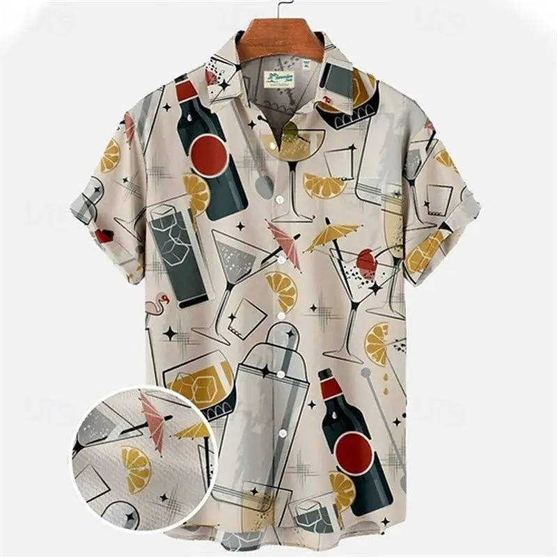 Retro Pattern Wine Glass Leisure Shirts For Men Bar Personality Party Harajuku Short Sleeve Shirt Summer Daily Casual Blouse