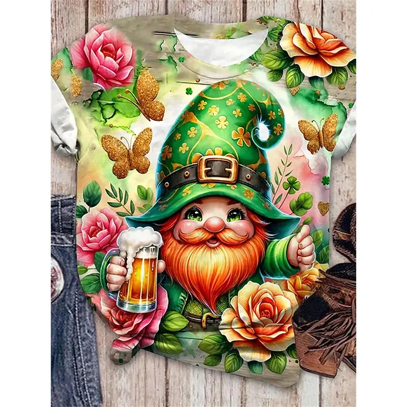 St Patrick Day Lucky Green T-shirt Unisex Round Neck Short Sleeve T Shirts Leprechaun Print Cute Cow Cat Print Festival Gift Tee
