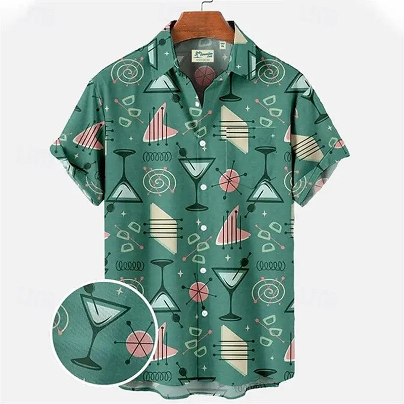 Retro Pattern Wine Glass Leisure Shirts For Men Bar Personality Party Harajuku Short Sleeve Shirt Summer Daily Casual Blouse