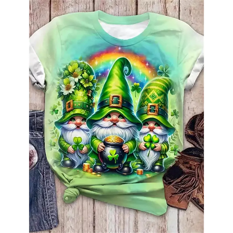 St Patrick Day Lucky Green T-shirt Unisex Round Neck Short Sleeve T Shirts Leprechaun Print Cute Cow Cat Print Festival Gift Tee