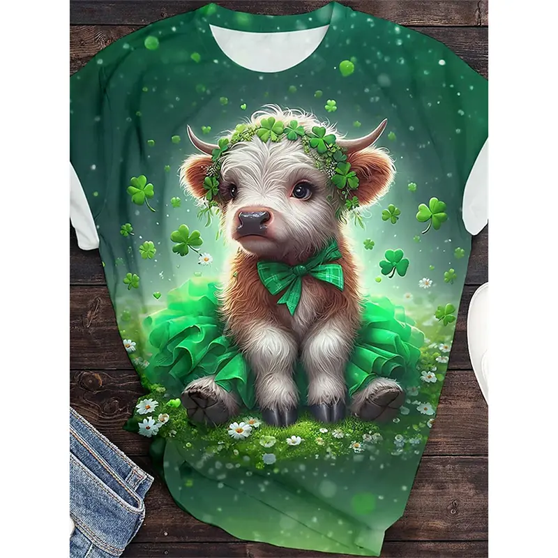St Patrick Day Lucky Green T-shirt Unisex Round Neck Short Sleeve T Shirts Leprechaun Print Cute Cow Cat Print Festival Gift Tee