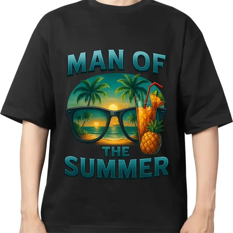 Summer Men Beach Leisure Loose T-shirt Pineapple Palm Tree Print Design Round Neck Solid T Shirts Outdoor Hawaiian Vacation Tee