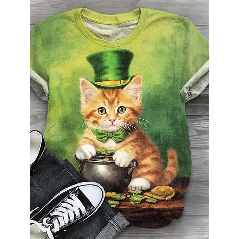 St Patrick Day Lucky Green T-shirt Unisex Round Neck Short Sleeve T Shirts Leprechaun Print Cute Cow Cat Print Festival Gift Tee